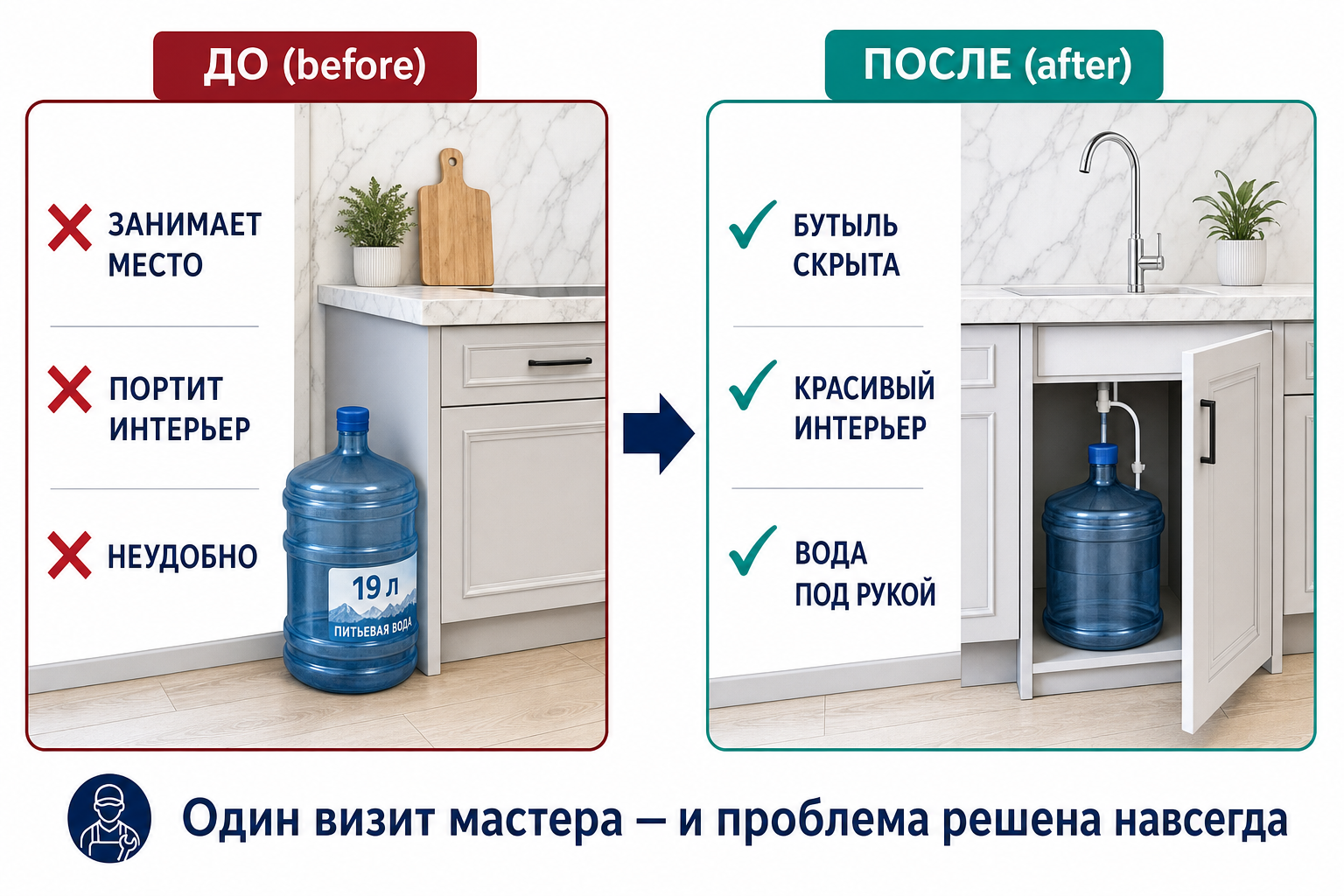 Схема до и после установки — бутыль спрятана под раковину